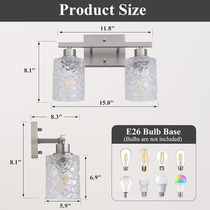 Mecgirn Stainless Steel Bathroom Vanity Light Over Mirror, 2 Light Brushed Nickel Bathroom Light Fixtures with Textured Glass Shades, Ceramic E26 Sockets Wall Mounted