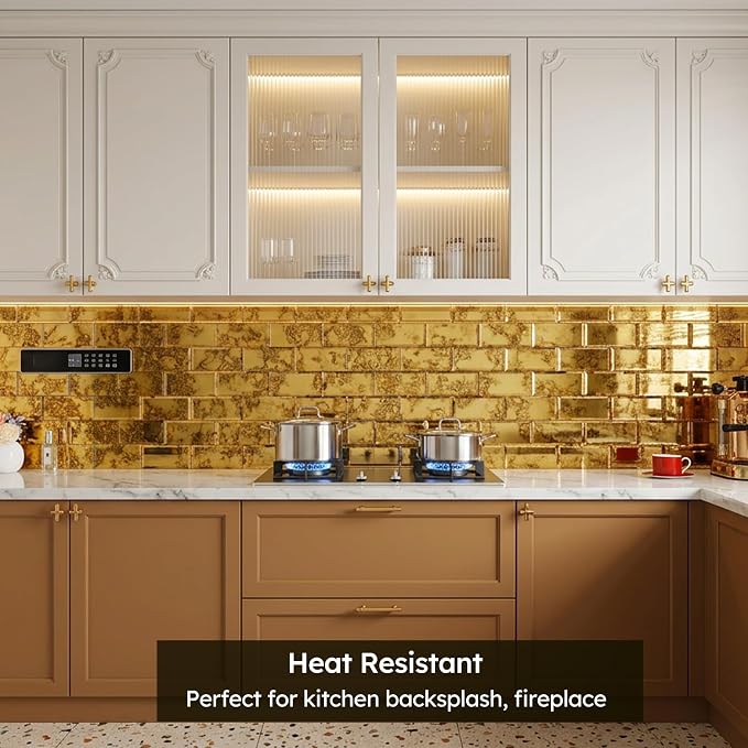 Peel and Stick Mirror Subway Tiles, Gold Antique, 3x6 Inch, 5 Sq.ft | Beveled Mirror Glass Subway Backsplash for Kitchen Bar Bathroom Wall Tile