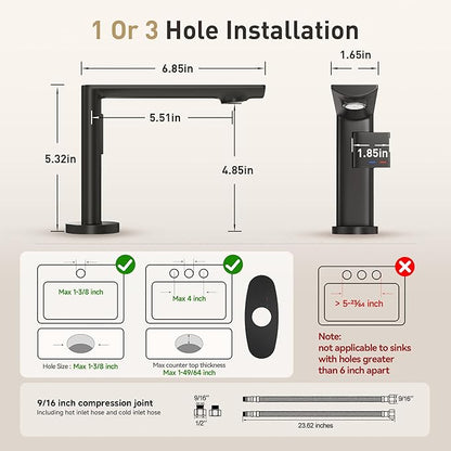 Modern Single Hole Bathroom Faucet | 5.3" Matte Black Luxury Vessel Sink Faucet | Spot-Free Finish & Anti-Splash Design | Premium Ceramic Valve, Easy Installation | 1 or 3 Hole
