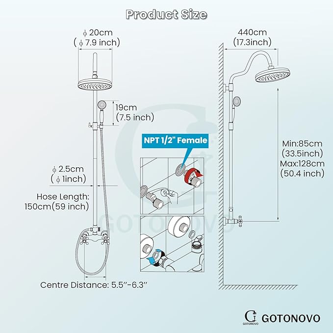 gotonovo Luxury Exposed Shower Faucet Set Bathroom Shower System 8 Inch Wall Mount Rainfall Shower Head with Handheld Spray Cross Double Handle Shower Fixture Adjustable Arc Rod Antique Brass