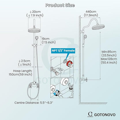 gotonovo Luxury Exposed Shower Faucet Set Bathroom Shower System 8 Inch Wall Mount Rainfall Shower Head with Handheld Spray Cross Double Handle Shower Fixture Adjustable Arc Rod Antique Brass