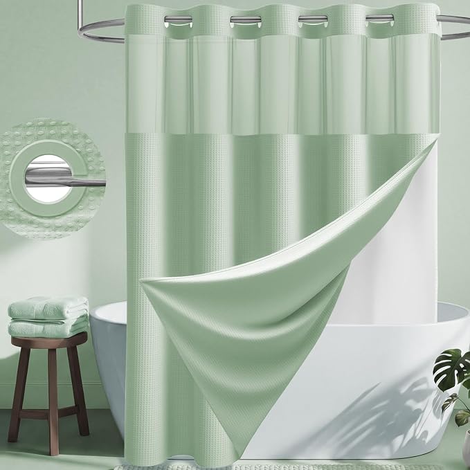 Mint Green Hook Free Waffle Shower Curtain & Snap-in Liner,72x87 | Less Time to install, 3 in 1 Fabric Shower Curtain and Liner Set with Magnets, Extra Long, Shower Curtains for Bathroom