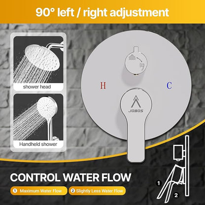 Shower Faucet Set 10IN Brass Rough-In Valve Body Trim Kit Rainfall Included Handle Accessories Complete 2 Functions with Rain Head and Handheld Bathroom Systems (10'', Chrome Polished)