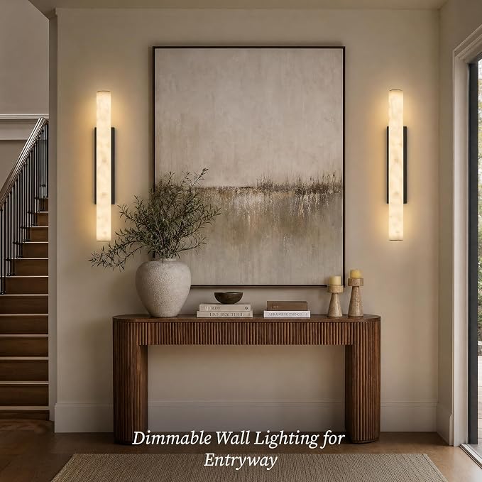 Alabaster Wall Sconce Black, 36" Large Matte Black Linear Sconce, Durable Modern Wall Sconces for Bathroom Vanity, Dimmable 3000K Faux Alabaster Lighting for Living Room, Bedroom, Stairs (1 Pack)