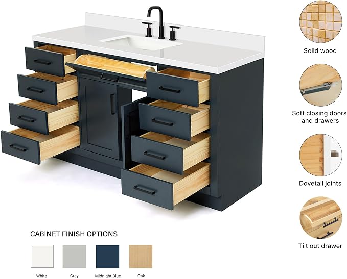 ARIEL Hepburn 60-inch Bathroom Vanity with Sink,Solid Wood, 1.5-inch Pure White Quartz Countertop, Single Rectangular Porcelain Sink, 2 Soft Closing Doors, 9 Dovetail Drawers, Midnight Blue