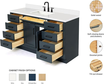 ARIEL Hepburn 60-inch Bathroom Vanity with Sink,Solid Wood, 1.5-inch Pure White Quartz Countertop, Single Rectangular Porcelain Sink, 2 Soft Closing Doors, 9 Dovetail Drawers, Midnight Blue