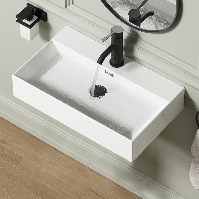 Wall Mount Rectangular Bathroom Sink, QISHKA 24"x14" Modern Ceramic Floating Vessel Sink, White Rectangle Vanity Sink with Overflow, Wall Hung Wash Hand Basin