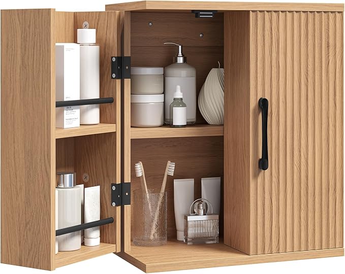 Bathroom Wall Cabinet, Medicine Cabinet Wall Mounted, Over The Toilet Storage Cabinet, Fluted Cabinet with 2 Doors, for Bathroom, Kitchen, Laundry Room, Natural