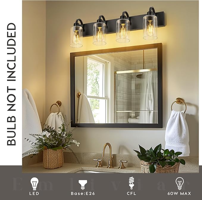 Emliviar Black Bathroom Vanity Light 4 Lights, Bath Lighting Over Mirror with Clear Glass Shade, YCE237B-4W BK