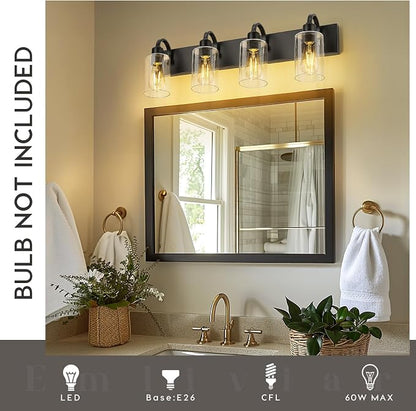 Emliviar Black Bathroom Vanity Light 4 Lights, Bath Lighting Over Mirror with Clear Glass Shade, YCE237B-4W BK