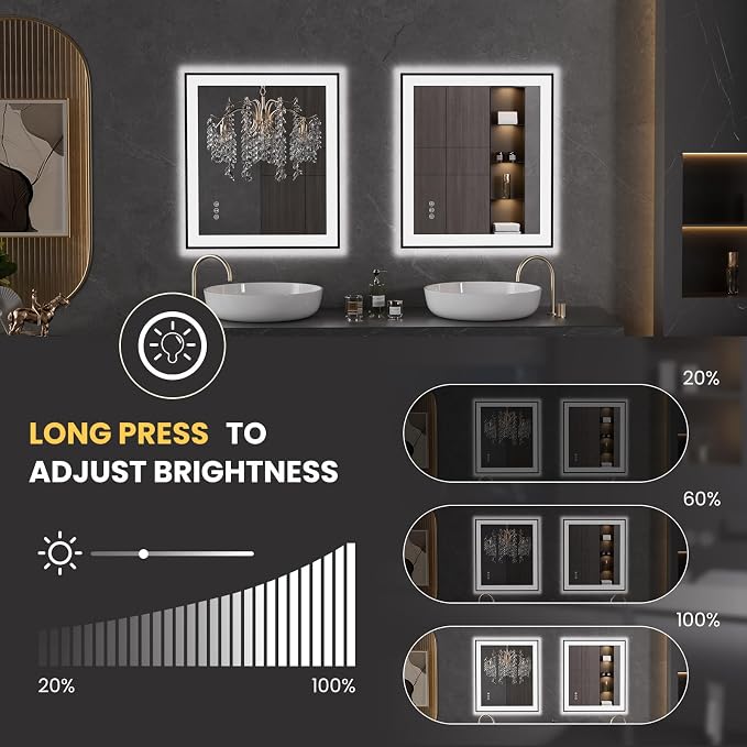 LOAAO 28"X32" LED Bathroom Mirror Black Framed | Anti-Fog, Dimmable, Memory Function, Tempered Glass, Lighted Vanity Mirror for Wall