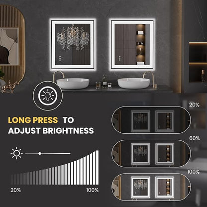 LOAAO 28"X32" LED Bathroom Mirror Black Framed | Anti-Fog, Dimmable, Memory Function, Tempered Glass, Lighted Vanity Mirror for Wall