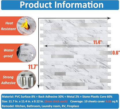 DICOFUN 10 Sheets Marble Look Peel and Stick Backsplash Wall Tile, PVC Kitchen Backsplash Peel and Stick in White, 9.4 sq.ft
