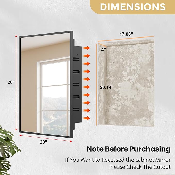 Recessed Medicine Cabinet with Mirror 20x26 inch, Mirrored Medicine Cabinets for Bathroom, Black Bathroom Mirror with Storage, Metal Medicine Cabinet with Mirror, 2 Adjustable Metal Shelves