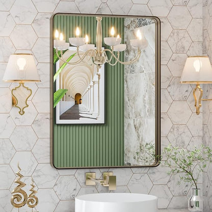 LOAAO 22”X30” Bronze Bathroom Mirrors for Vanity, Rounded Rectangle Brushed Bronze Metal Frame Mirror, Anti-Rust, Hangs Horizontally or Vertically | Rounded Rectangle, Brushed Bronze Metal Frame, Anti-Rust, Hangs Horizontally or Vertically
