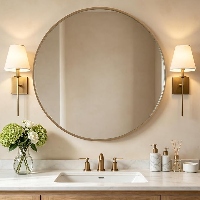Round Wood Mirror, 40" Round Modern Decoration Large Circle Wall Mirror for Bathroom Living Room Bedroom Entryway, Honey