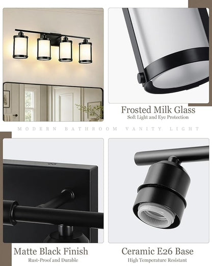 4-Light Black Bathroom Light Fixtures with Milk White Frosted Glass, 29" UL-Listed Modern Wall Sconce Over Mirror with Metal Cage for Bath, Hardwire E26, OS-3014BKW-4W