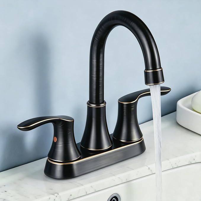 Friho 4 Inch Centerset Bathroom Faucet Oil Rubbed Bronze, 3 Hole Lead-Free 2-Handle RV Commercial Vanity Faucet with Drain Stopper & Supply Hoses