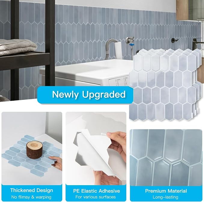 Art3d 10-Sheet Heavy-Duty Peel and Stick Backsplash, Self-Adhesive Vinyl Wall Tiles for Kitchen Countertop Bathroom, Light Blue (Pack of 2)