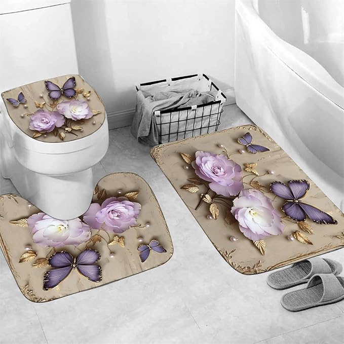 Chrainy 4pcs Vintage Butterfly Shower Cutain Set Bathroom Decor with Rugs | Bath Accessories with Waterproof Curtain, Bath Mat, Toilet Lid Cover, U-Shaped Rug and 12 Hooks for Washroom, 71*71in