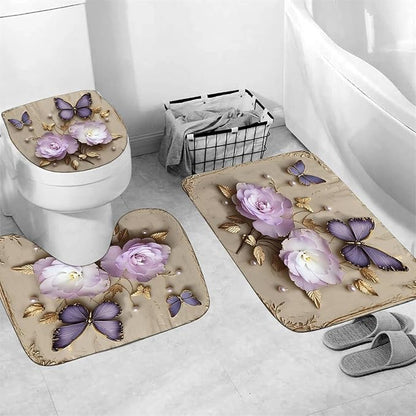 Chrainy 4pcs Vintage Butterfly Shower Cutain Set Bathroom Decor with Rugs | Bath Accessories with Waterproof Curtain, Bath Mat, Toilet Lid Cover, U-Shaped Rug and 12 Hooks for Washroom, 71*71in