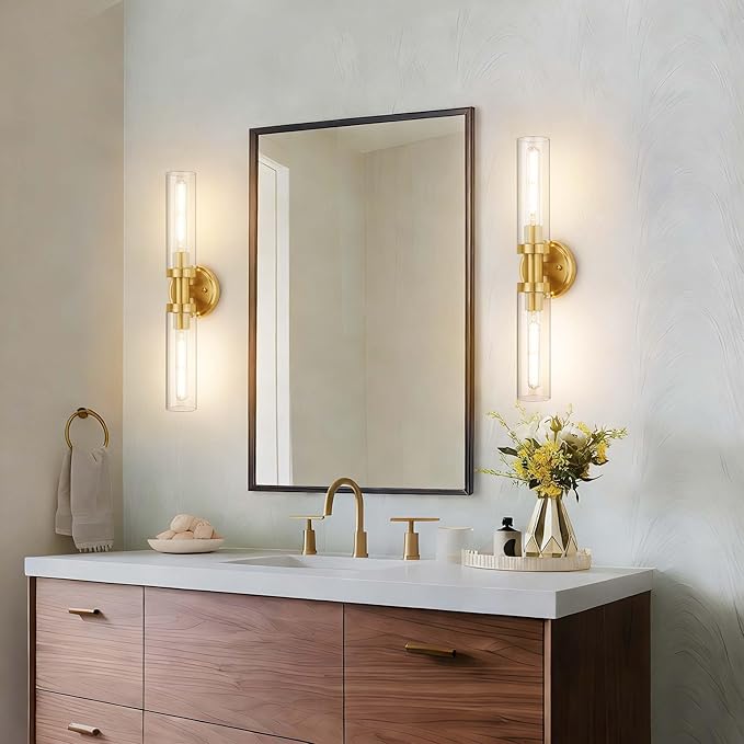 Hardwired Wall Sconces Set of 2, Brushed Gold Bathroom Wall Sconces Vanity Light Fixture with Clear Glass, Modern Farmhouse Wall Lights for Bathroom Mirror Living Room Hallway Kitchen