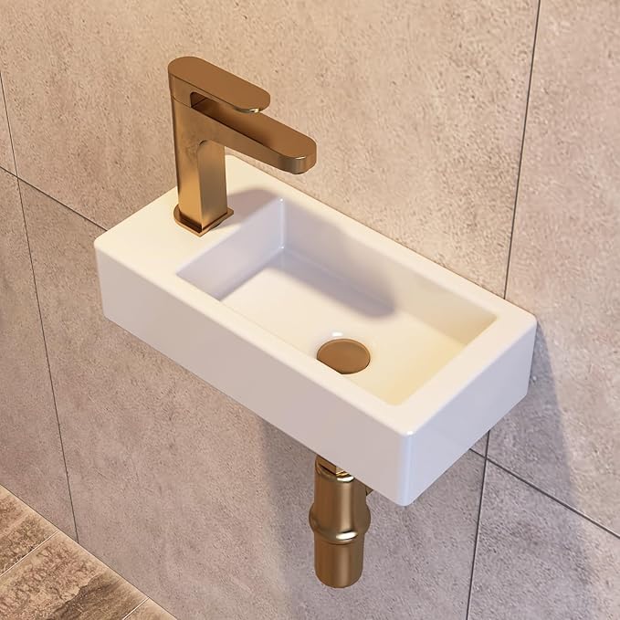 Small Bathroom Sink DeerValley, 15"x7" Mini Rectangle Wall Mount Vessel Sink for Bathroom Powder Room Cloakroom, Floating Space Saving Design, Easy to Clean White Ceramic Wash Basin (Left Hand)