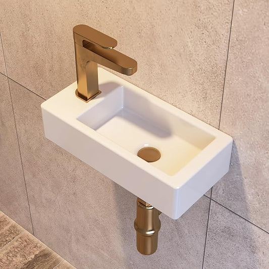 Small Bathroom Sink DeerValley, 15"x7" Mini Rectangle Wall Mount Vessel Sink for Bathroom Powder Room Cloakroom, Floating Space Saving Design, Easy to Clean White Ceramic Wash Basin (Left Hand)