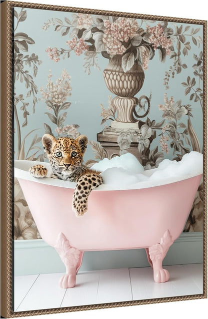 Amanti Art Framed Canvas Wall Art 30x23 Leopard Pink Bubble Bath by Niky Rahner, Framed Wall Art Canvas, Animals Artwork, Traditional Decor, Large Poster Painting for Living Room, Bedroom, Bathroom