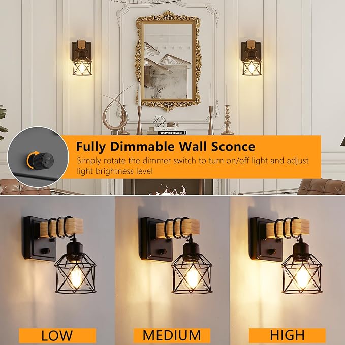 FadimiKoo Dimmable Wall Sconces Set of Two, Bedside Wall Mounted Lamp with Rotary Switch, Wooden Black Bathroom Light Fixtures with Metal Cage, Hardwired Farmhouse Wall Lights for Bedroom, Living Room