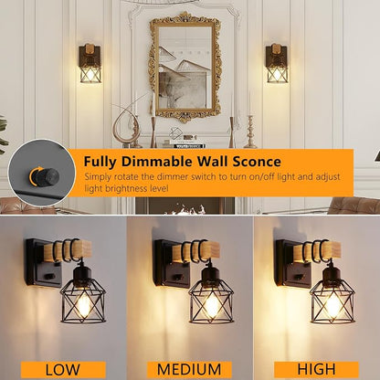 FadimiKoo Dimmable Wall Sconces Set of Two, Bedside Wall Mounted Lamp with Rotary Switch, Wooden Black Bathroom Light Fixtures with Metal Cage, Hardwired Farmhouse Wall Lights for Bedroom, Living Room