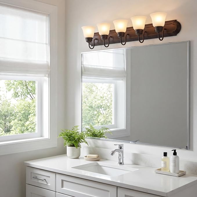 Kichler 5-Light Bathroom Vanity Light, Tannery Bronze | Damp-rated vanity light with satin etched glass (36" x 8" x 5"), 5339TZS