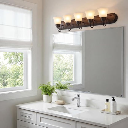 Kichler 5-Light Bathroom Vanity Light, Tannery Bronze | Damp-rated vanity light with satin etched glass (36" x 8" x 5"), 5339TZS