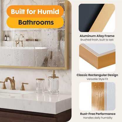 Sweetcrispy Bathroom Mirror for Over Sink, 30" x 40" Rectangle | Wall Mount Mirrors with Metal Frame, Modern Vanity Mirror with Tempered Glass, for Home Decor, Anti-Rust, Gold