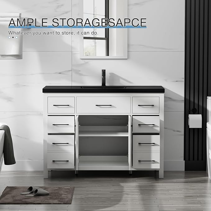 LUCKWIND 48" Modern Bathroom Vanity and Black Sink, Painted Bathroom Storage Cabinet with Single Resin Black Sink, Two Doors and Four Drawers, Include Faucet Without Mirror, White