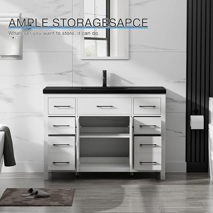 LUCKWIND 48" Modern Bathroom Vanity and Black Sink, Painted Bathroom Storage Cabinet with Single Resin Black Sink, Two Doors and Four Drawers, Include Faucet Without Mirror, White