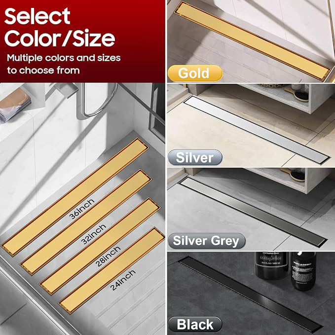 DLONE® Linear Shower Drain - 36 Inch Brushed Gold, with Tile Insert Panel | AISI 304 Stainless Steel Linear Drain, Rectangle Shower Floor Drain, with Adjustable Feet, Fits Bathroom & Balcony etc