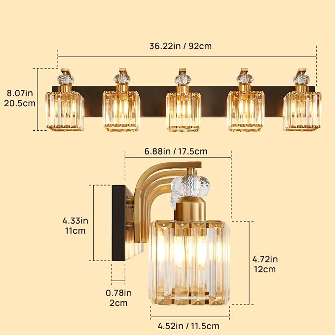 Modern Bathroom Vanity Light, 5-Light Black Gold Bathroom Lighting Fixtures Over Mirror, 36.3" Crystal Wall Light Sconce for Bathroom/Bedroom/Vanity, Includes LED Bulbs, Easy Installation