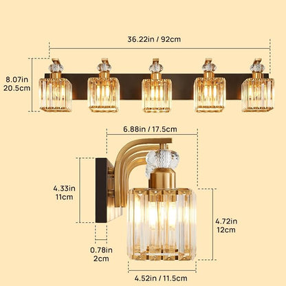 Modern Bathroom Vanity Light, 5-Light Black Gold Bathroom Lighting Fixtures Over Mirror, 36.3" Crystal Wall Light Sconce for Bathroom/Bedroom/Vanity, Includes LED Bulbs, Easy Installation