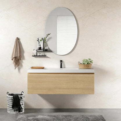 36'' Floating Bathroom Vanity with Sink, Wall-Mounted Bathroom Storage Cabinet with Soft-Close Striped Drawer & Solid Surface Basin, Modern Natural Oak Body with Internal Handle, Wood