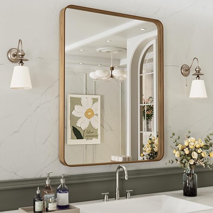 LOAAO 30X36 Inch Bathroom Mirror with Wood Grain Colored Metal Frame | Rounded Rectangle Metal Framed, Anti-Rust, Hangs Horizontally or Vertically, Tempered Glass