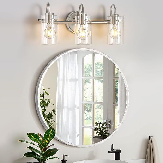 3 Lights Vanity Light Fixture, Brushed Nickel Bathroom Wall Sconce | Modern Wall Light with Clear Glass Shade Farmhouse Wall Mount Porch Wall Lamp for Mirror, Kitchen, Living Room, Workshop