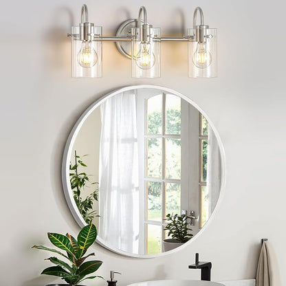 3 Lights Vanity Light Fixture, Brushed Nickel Bathroom Wall Sconce | Modern Wall Light with Clear Glass Shade Farmhouse Wall Mount Porch Wall Lamp for Mirror, Kitchen, Living Room, Workshop
