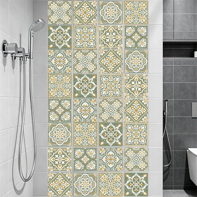 36Pcs 9 Styles Bohemian Peel and Stick Tile 4 x 4 Inch Ceramic Tile Decals Square Green Boho Style Waterproof PVC Decals for Kitchen Bathroom Backsplash Furniture Staircase DIY Home Decor