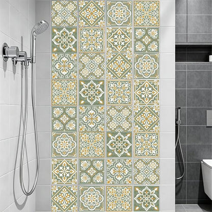 36Pcs 9 Styles Bohemian Peel and Stick Tile 4 x 4 Inch Ceramic Tile Decals Square Green Boho Style Waterproof PVC Decals for Kitchen Bathroom Backsplash Furniture Staircase DIY Home Decor