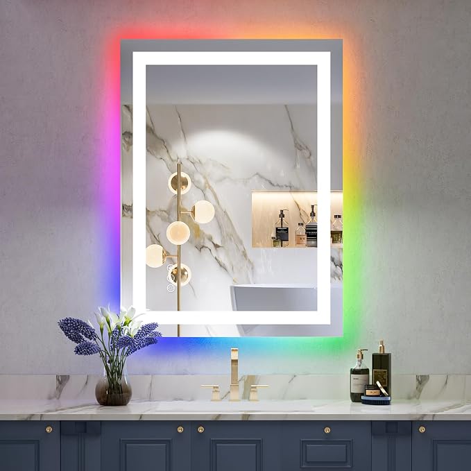 24x32 LED Bathroom Mirror with Lights, RGB Backlit Lighted Mirror | Backlit and Front Light, Anti-Fog, 3 Color Dimmable, Memory, Tempered Glass, IP54 Waterproof, UL Listed