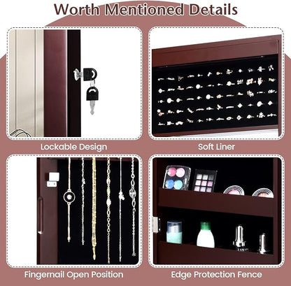 NAFORT 15 LEDs Lockable Mirror Jewelry Armoire Organizer, Christmas Gift Wall Door Mounted Storage Cabinet with Full-Length Mirror, Folding Tray,5 Storage Shelves, Brown