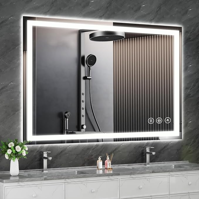 Koonmi 55x30 LED Bathroom Mirror, Shatterproof Mirror with Light | 90CRI Vanity Mirror with Anti-fog Backlit + Front Lit, 3 Color, Easy Install for Bathroom Hotel (IP65)