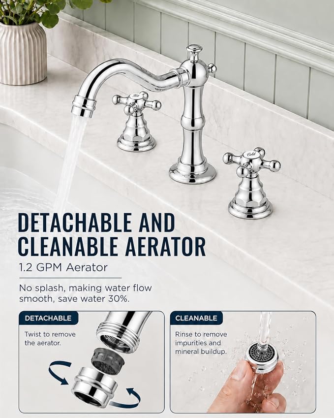 gotonovo Bathroom Faucet 3 Hole Vintage, Polish Chrome, Script Font Label | Widespread Bathroom Sink Faucet 8 Inch 2 Cross Handles,Pop Up Drain,cUPC Supply Line,4-15.7” Install,for Vanity Farmhouse RV