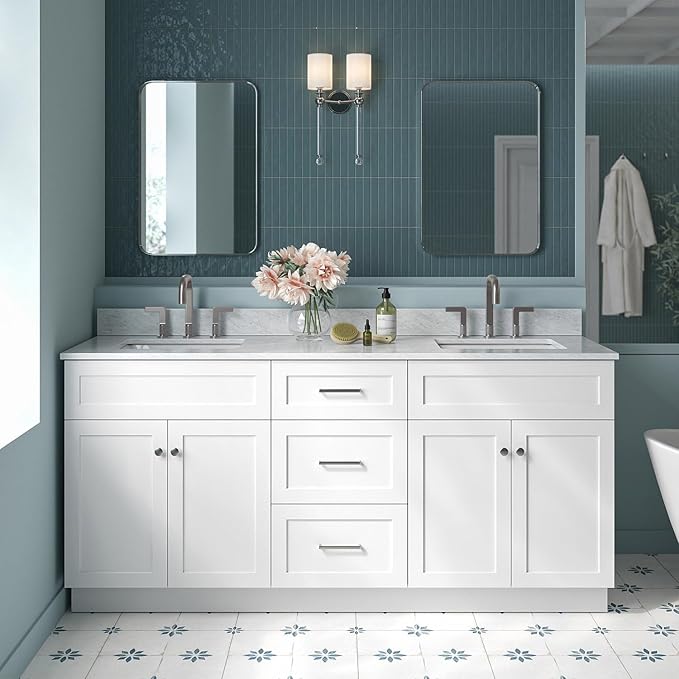 ARIEL Hamlet 72-inch Bathroom Vanity with Sink,Solid Wood, 0.75-inch Italian Carrara Marble Countertop & Backsplash, Double Oval Sink, 4 Soft Closing Doors, 3 Dovetail Drawers, White